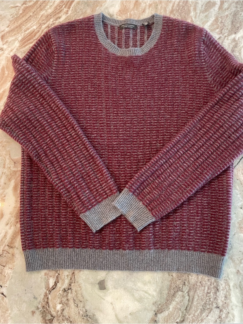 Saks Fifth Avenue Cashmere Sweater Maroon and Grey Striped Mens XL Crewneck
